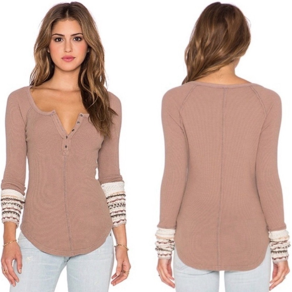 Free People Thermal Top Boho Cuff Detail Waffle Knit Long Sleeve Medium - Picture 3 of 14
